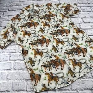 Platini Mens Short Sleeve Cowboy Western Horse Print Button Down Shirt 2XL White